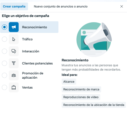 campaña reconocimiento facebook ads